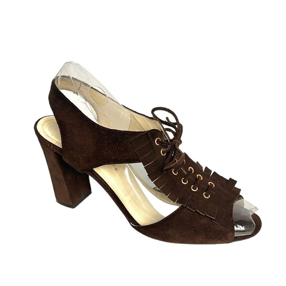 Bettye Muller Brown Suede High Heels Sandals Lace Up with Fringes Italy 40 US 10